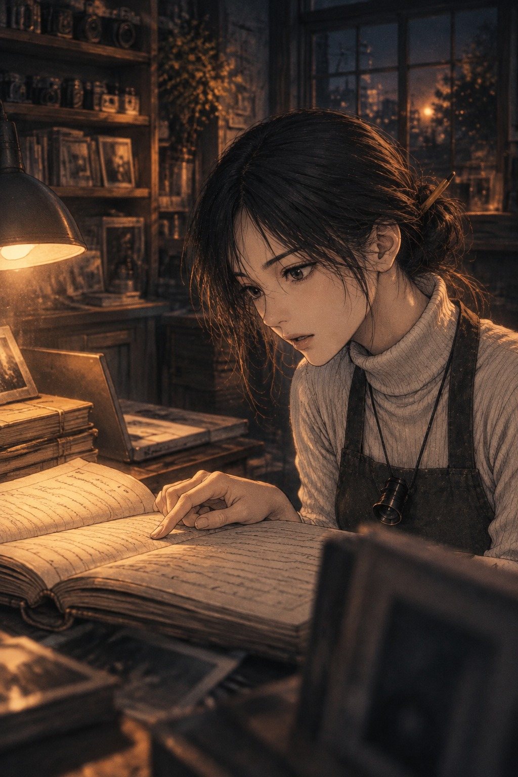 開いた帳面の1つの行を指でなぞる遥の横顔。目を見開いて帳面を見ている。字は読めない線だけ。