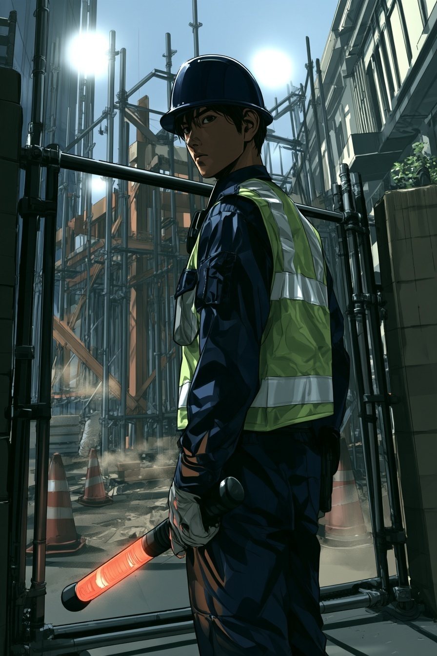 門の前に立つ警備員の背中。肩越しに、足場に囲まれた現場の中を振り返っている。誘導棒を持つ手が下がっている。