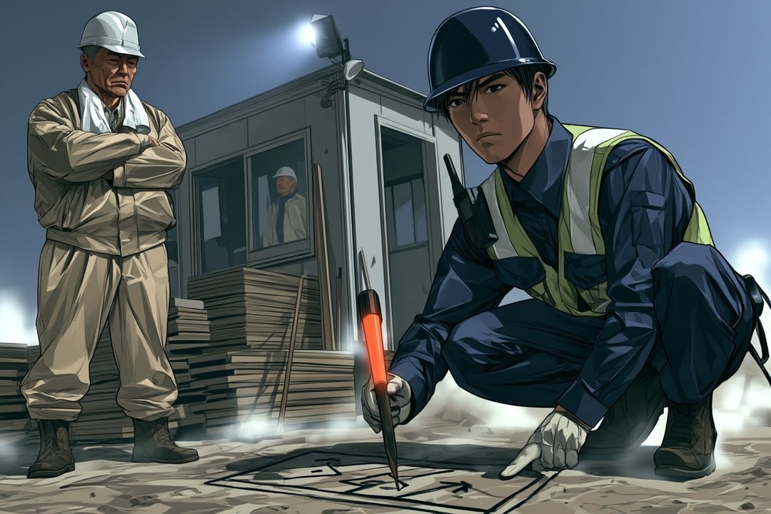 詰所の前の土の上。右で、若い警備員がしゃがみ、誘導棒で地面に家の四角と線を描いている。左で、所長が腕を組んで見下ろしている。
