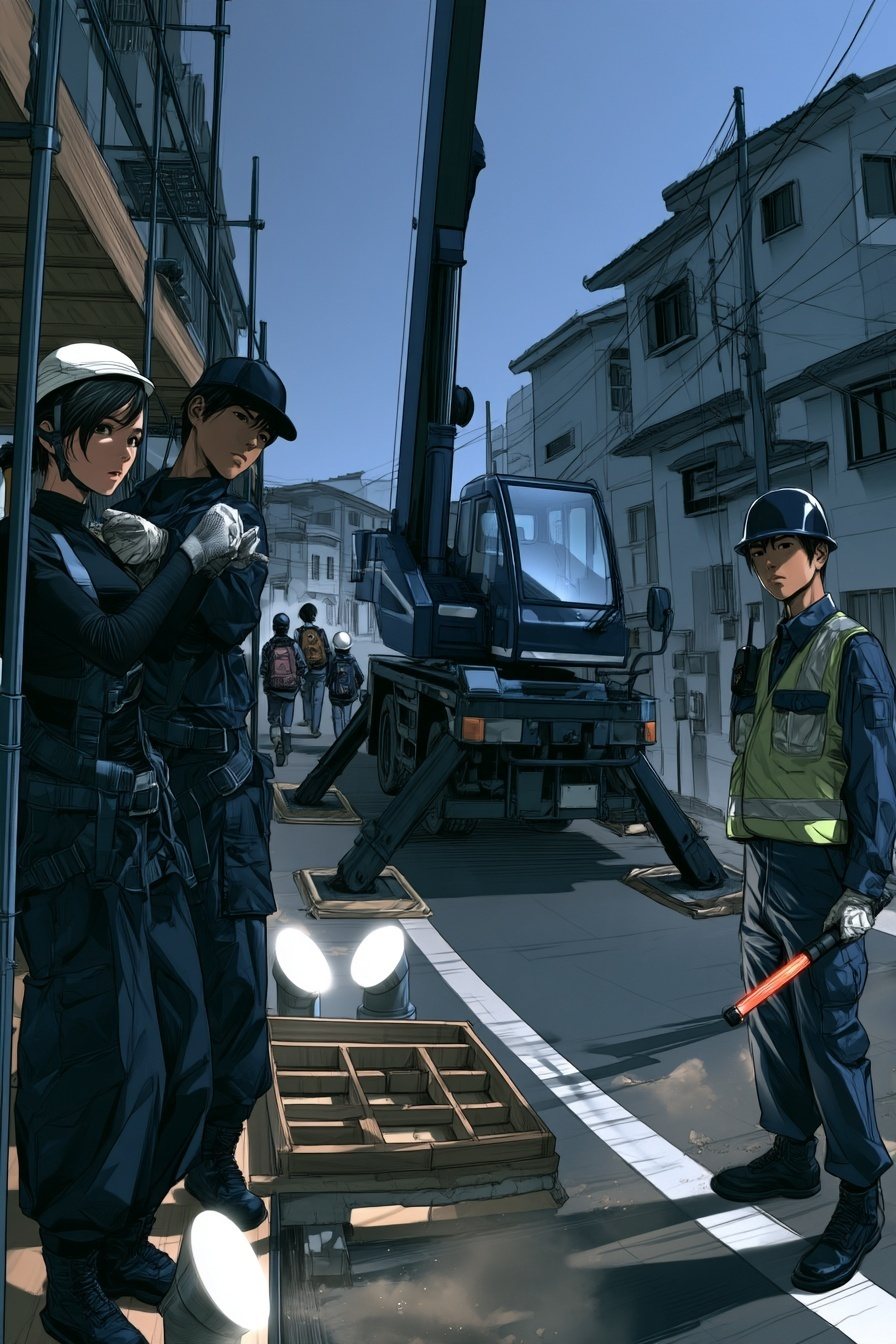 同じ朝の道路。脚を張り出したクレーン車の横で、右に誘導棒を持った若い警備員、左に足場の下で手袋をはめる女性の鳶と大工。奥の角を、ランドセルの子どもたちが小さく渡っていく。