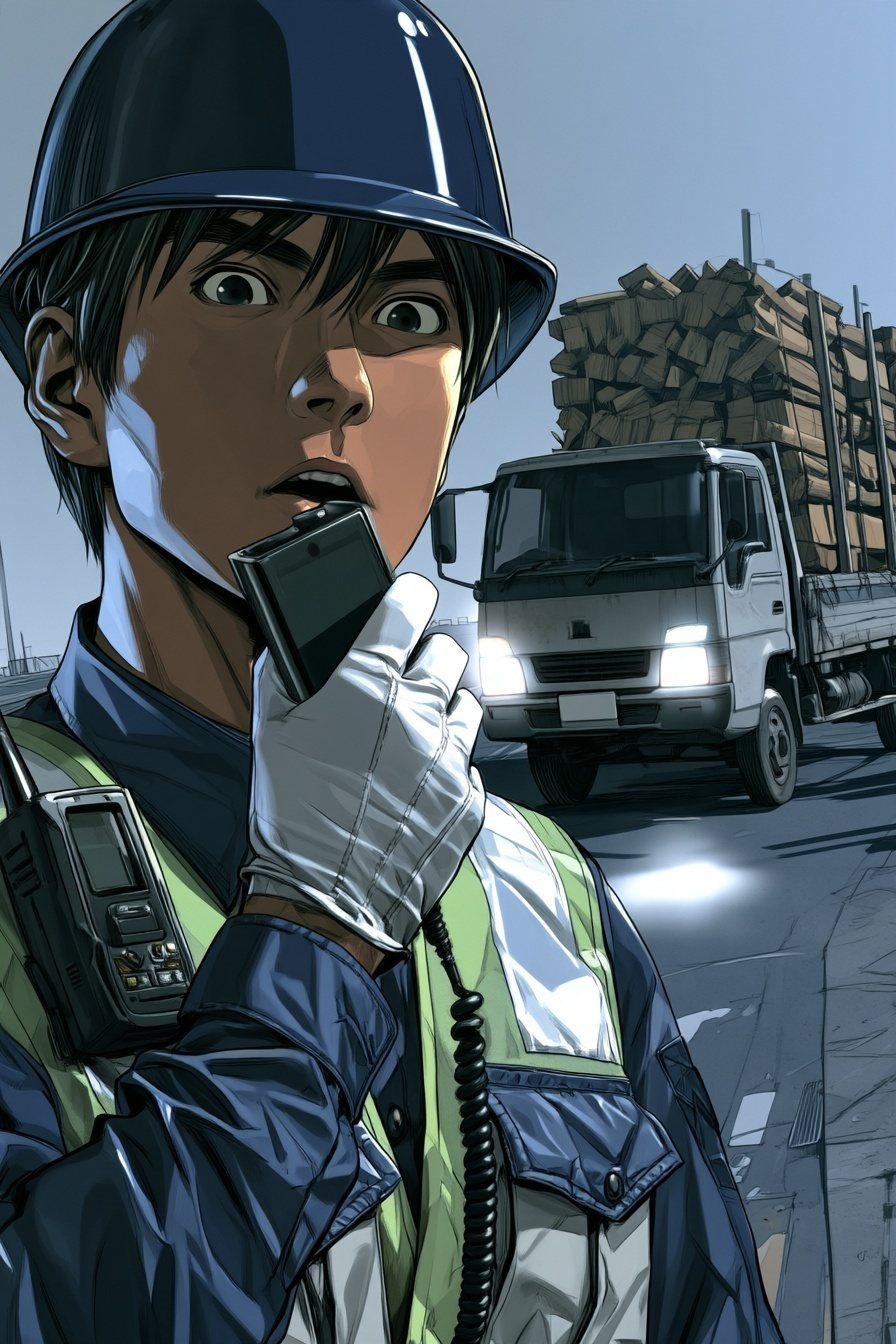 若い警備員が無線を口元に押し当てて、目を見開く。後ろの角から、材木を積んだトラックの鼻先がのぞいている。
