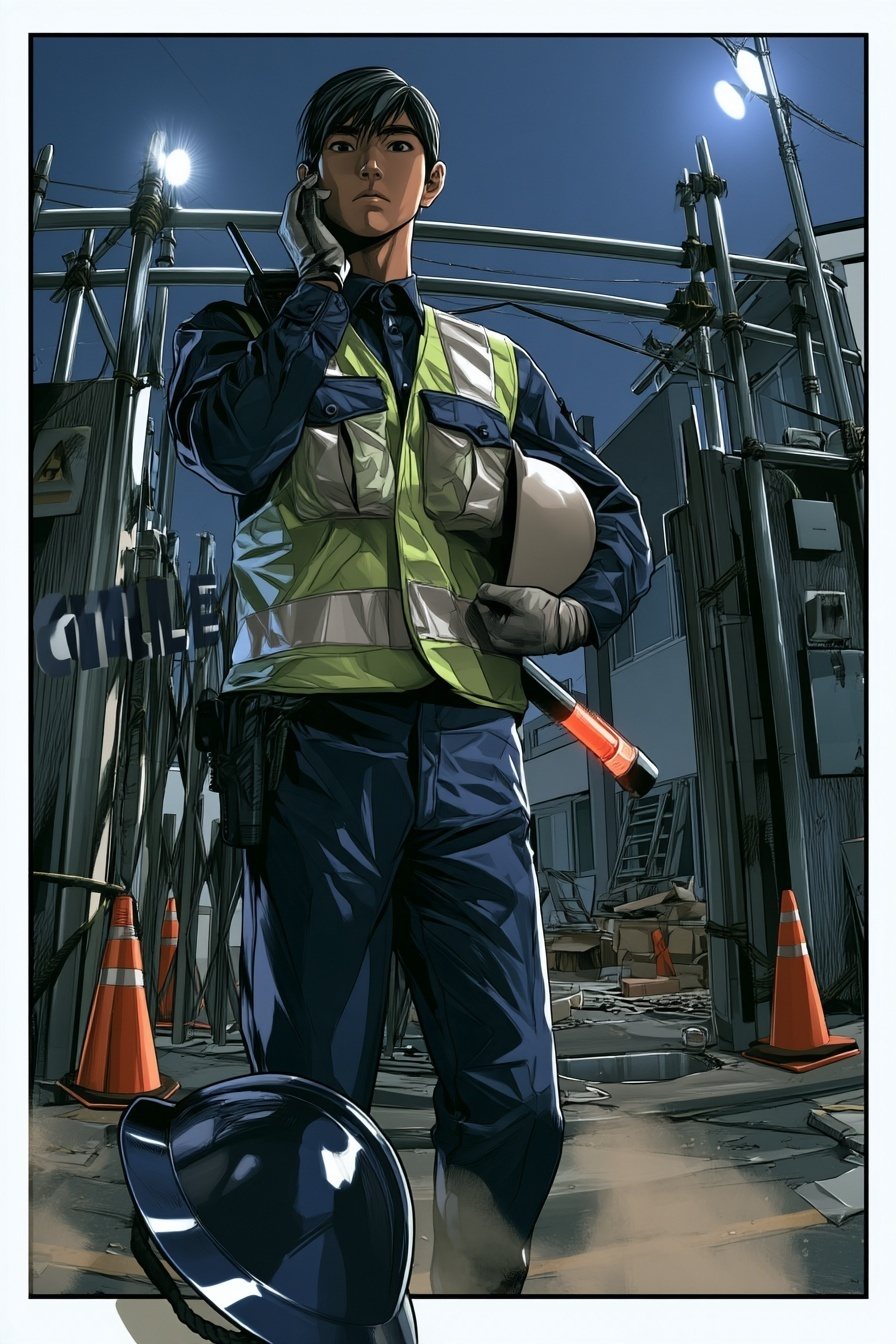 ヘルメットを脱いだ若い警備員が、片手を耳に当てて電話を聞いたまま立ち尽くす。片腕に白いヘルメットを抱え、足もとに落ちた紺のヘルメットが、絵の枠の下の線を越えて手前へ転がる。