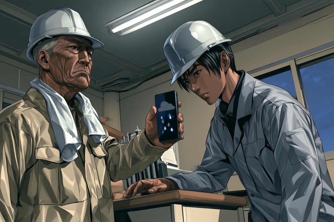 プレハブの詰所の中。白い蛍光灯の下、左で所長が携帯電話の画面をこちらに向け、右で若い男が机に手をついてのぞき込む。画面には雨の印だけが並ぶ（字は読めない）。