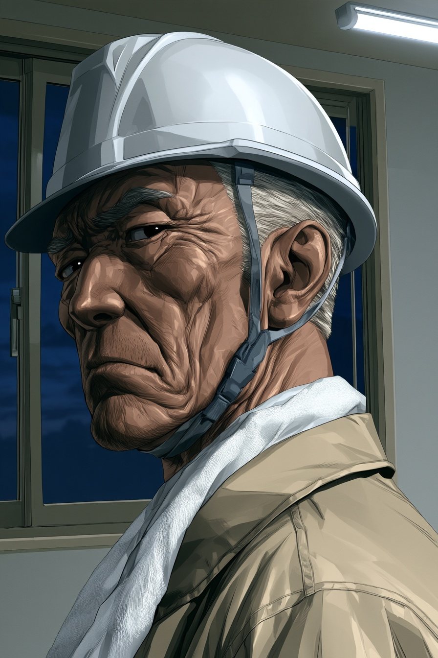 所長の横顔の寄り。窓の外の青い暗さを背に、口を結んで、目だけをこちらへ向ける。