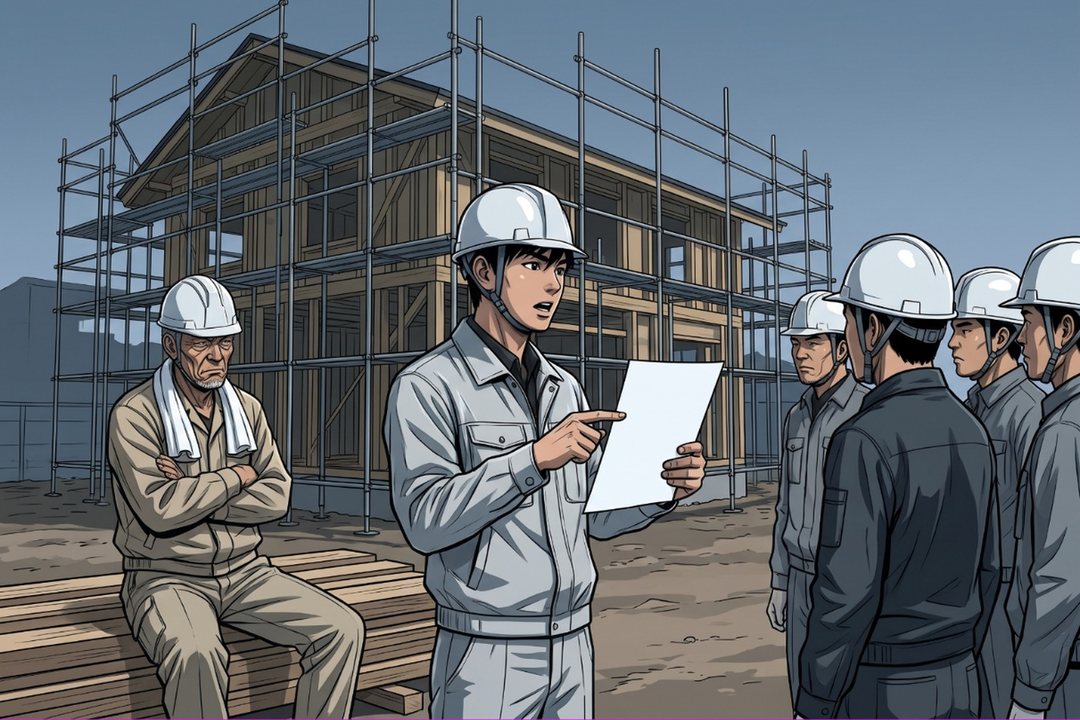 朝礼。真ん中で、白いヘルメットの若い男が紙を手に、右に並ぶ職人たちへ話す。左で、首に白いタオルの所長が積んだ材木に腰かけ、腕を組んで黙って見ている。