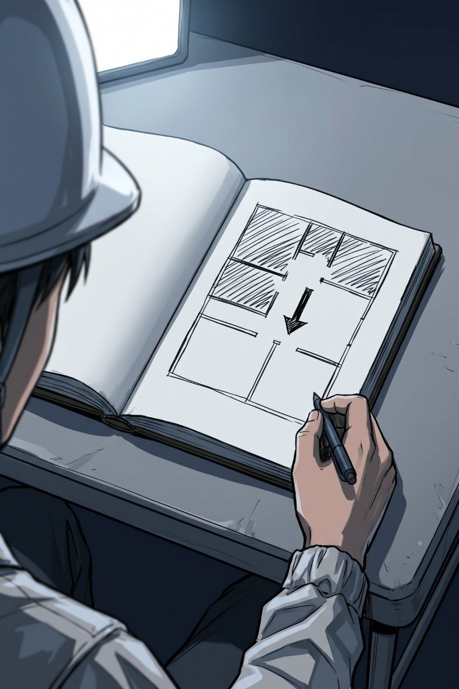 肩越しに見た、硬い表紙の手帳の頁の寄り。ペンの線で家の間取りの四角が描かれ、北の半分の部屋にだけ斜線が引かれ、矢印が1本（字は無い）。ペンを持つ手。