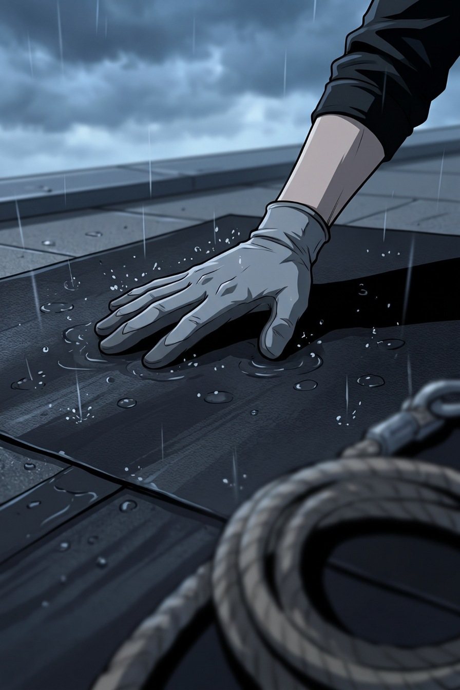 黒い防水のシートの上に置いた、黒い袖の女性の鳶の手袋の手の寄り。シートに、雨の粒がぽつぽつと落ち始める。手前に命綱の束。