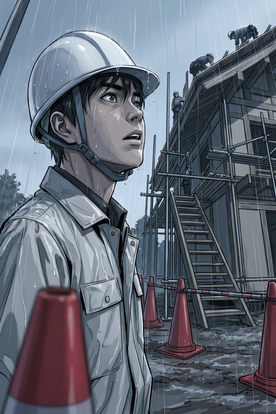 雨の中、足場の階段の下のコーンとバーの囲いの横で、白いヘルメットの若い男が、濡れた顔で屋根を見上げる。屋根の上に小さく職人たち。ヘルメットのつばから雨のしずく。