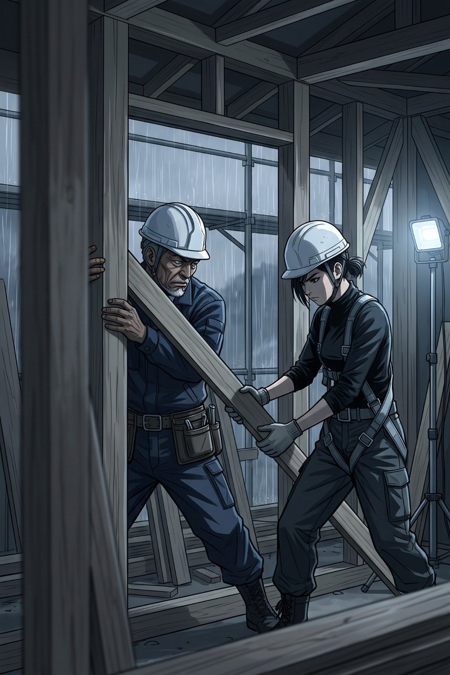 骨組みの家の中。開いた窓の穴の外は雨の幕。白い作業灯の下、年配の大工が柱と柱の間に斜めの木を当て、女性の鳶がそれを押さえる。