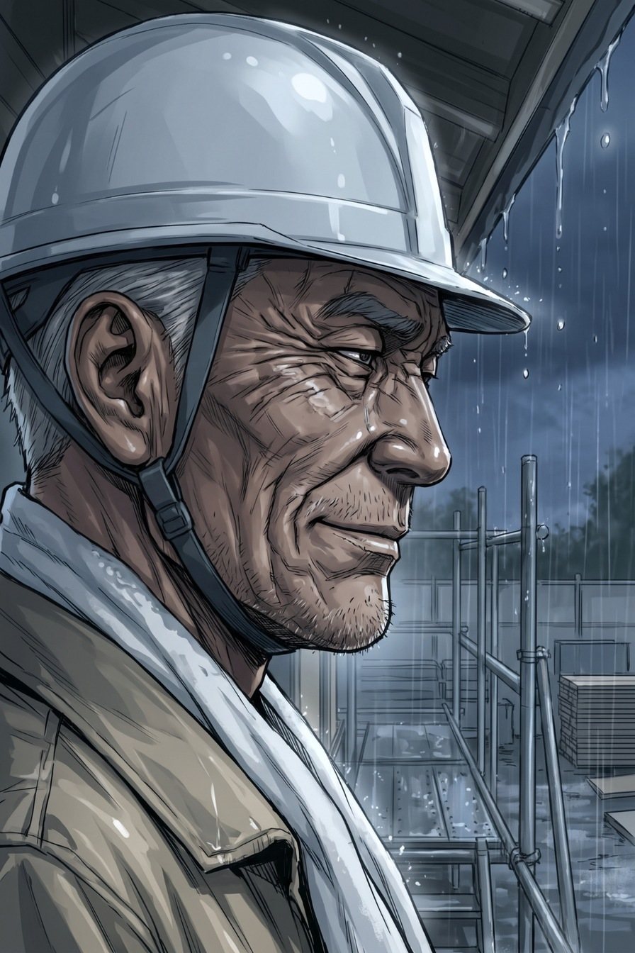 軒の下で雨を見ている所長の寄り。横を向いたまま、口の端だけが少しゆるむ。