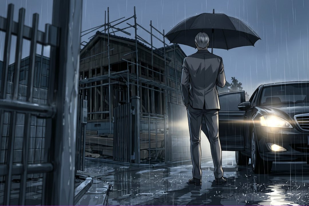 雨の夕暮れの青い暗さ。手前に門の柱。ドアを開けたままの黒い車のヘッドライトが雨を照らす。黒い傘を差した、灰色の背広の銀色の髪の背の高い男が、背を向けて骨組みの家を見る(顔は見えない)。