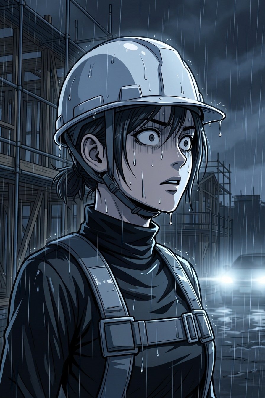 女性の鳶の寄り。雨に濡れた顔で右を見て、目を見開いたまま固まる。奥に車のヘッドライト。