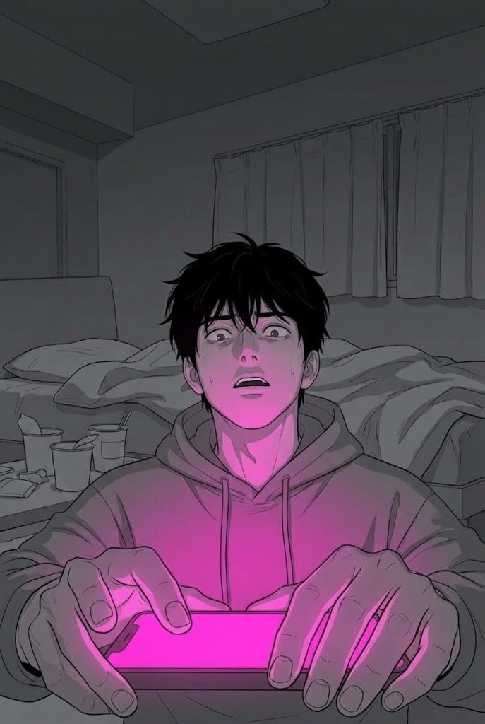 夜の暗いアパートの部屋。床に座りこんだ20歳くらいの青年の顔を、手のスマホの画面のマゼンタの光だけが照らす。