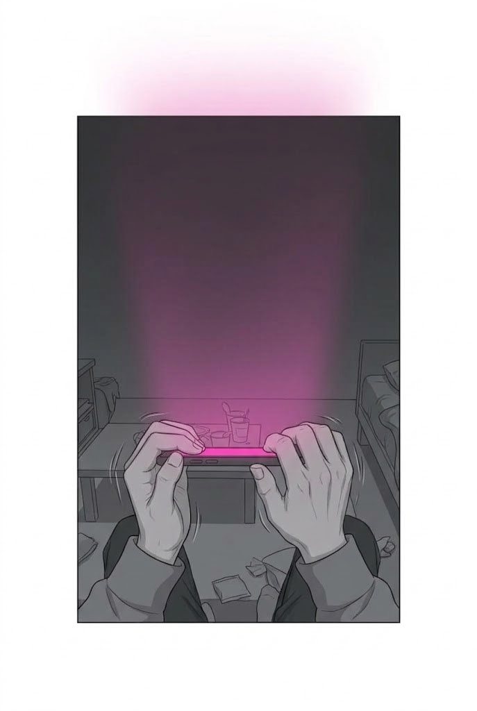 青年の手の寄り。スマホを握る指が震える。画面のマゼンタの光が、絵の枠の上の線を越えて外へあふれる。