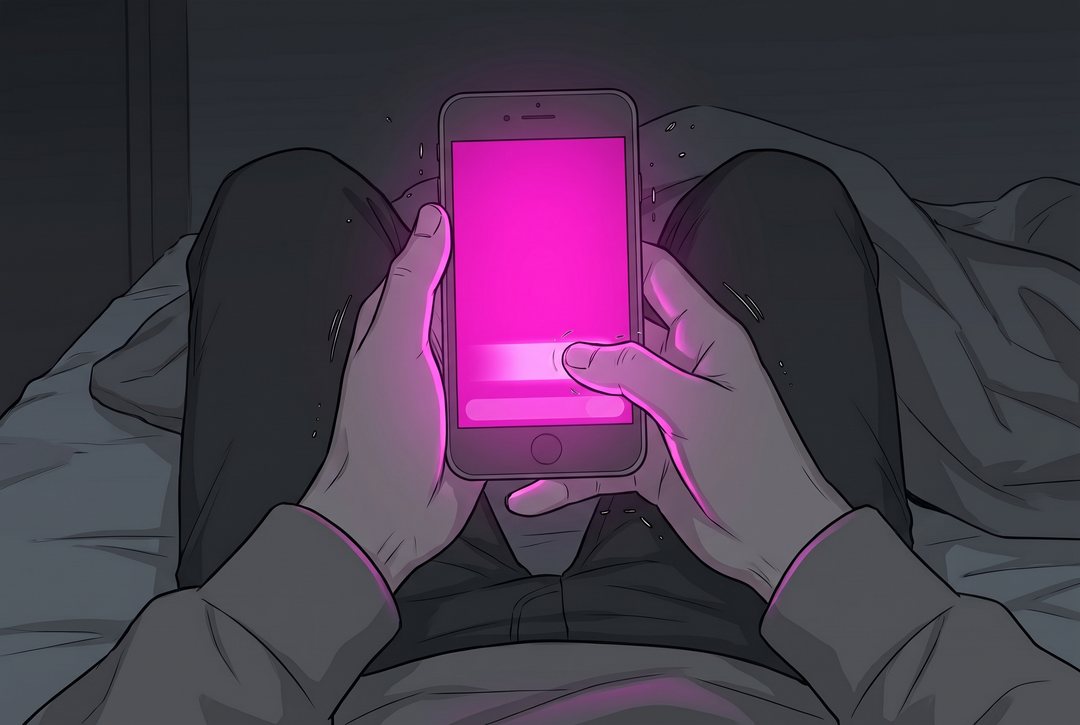 スマホの画面の寄り。暗い画面に、別のアプリへ移る案内の光の帯(字は読めない)。指先が送信のボタンの上で止まる。