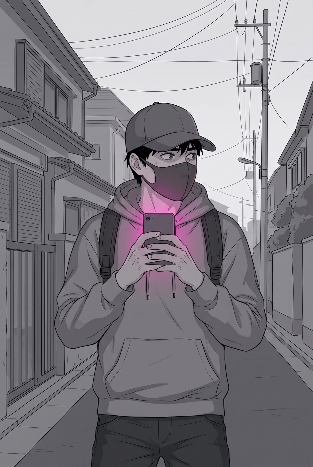 曇りの昼の住宅街。古い一軒家の門の前に、帽子とマスクの青年が、スマホを見ながら落ち着かない様子で立つ。