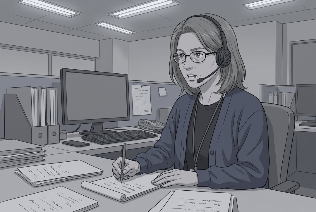 明るい相談室の机。ヘッドセットの眼鏡の女性が、メモを取りながら電話を受けている。