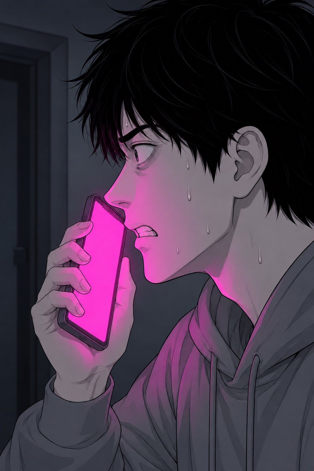 暗い部屋の隅。青年の横顔の寄り。頬に当てたスマホのマゼンタの光が顔を照らし、目を見開いて汗を浮かべる。