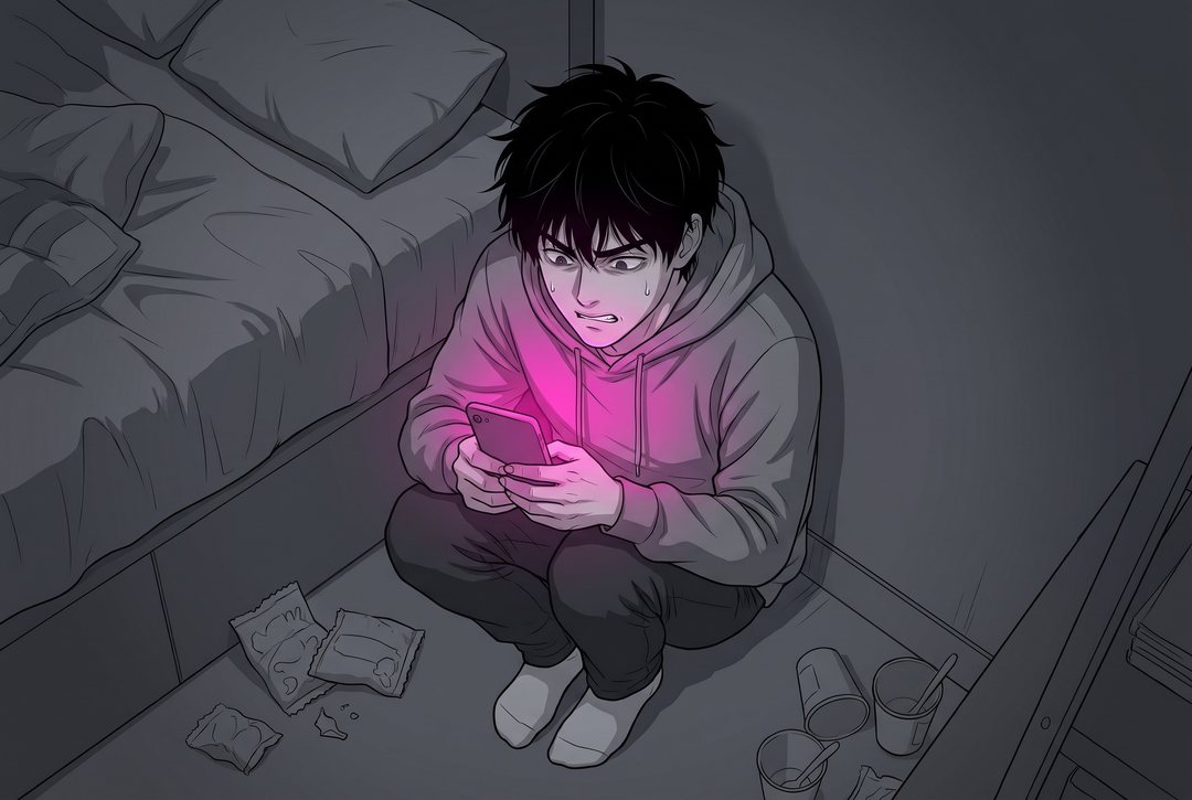 暗い部屋の隅で、膝を抱えるようにしゃがんだ青年が、両手でスマホを持って画面を見下ろす。画面のマゼンタの光だけが顔を照らす。