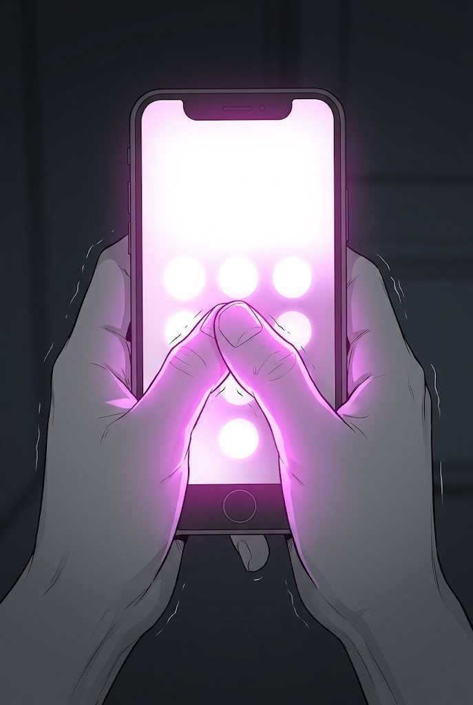 スマホの画面の寄り。光るボタンの形を、震える親指が押す（数字や字は描かない）。