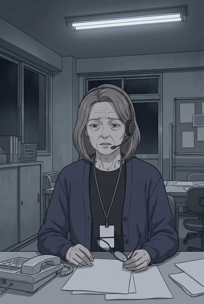 夜の相談室。ヘッドセットの眼鏡の女性が、外した眼鏡を片手に持ち、机の電話の前で言葉を選ぶように目を伏せる。白っぽい蛍光灯の光。
