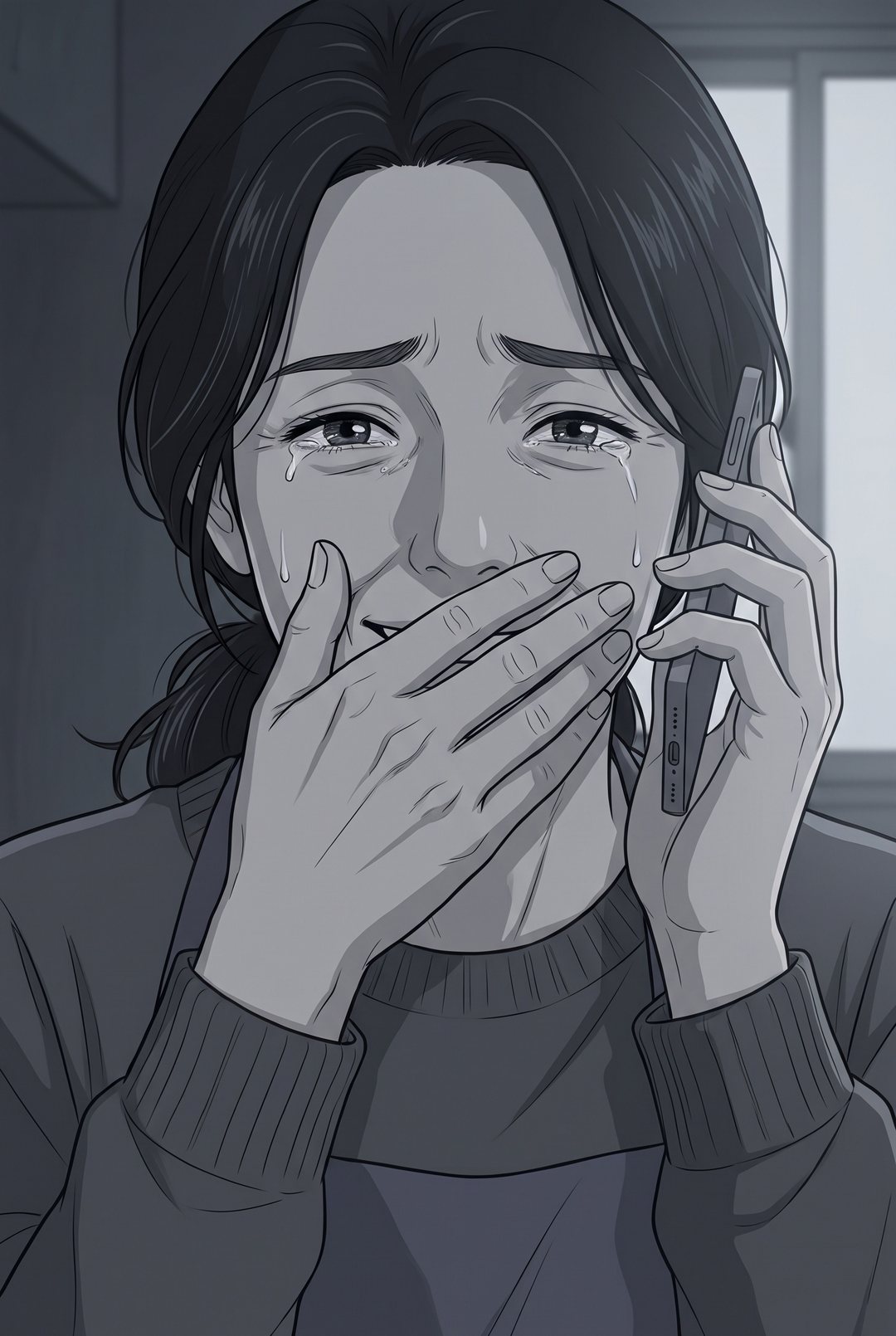 台所の女性の顔の寄り。目に涙をためながら、口もとは少しだけ笑う。片手をスマホに、片手を口もとに。曇りの朝のやわらかい光。