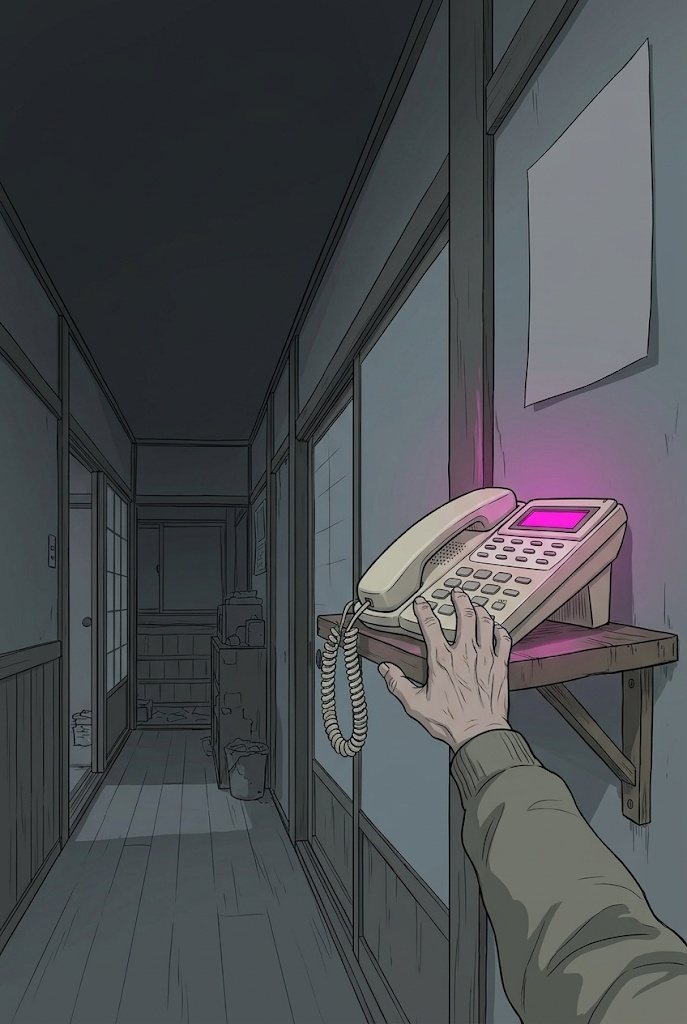 古い家の薄暗い廊下。壁の小さな棚の上のクリーム色の固定電話が鳴り、小さな画面だけがマゼンタに光る。手前から、オリーブ色の袖の手が受話器へ伸びる。