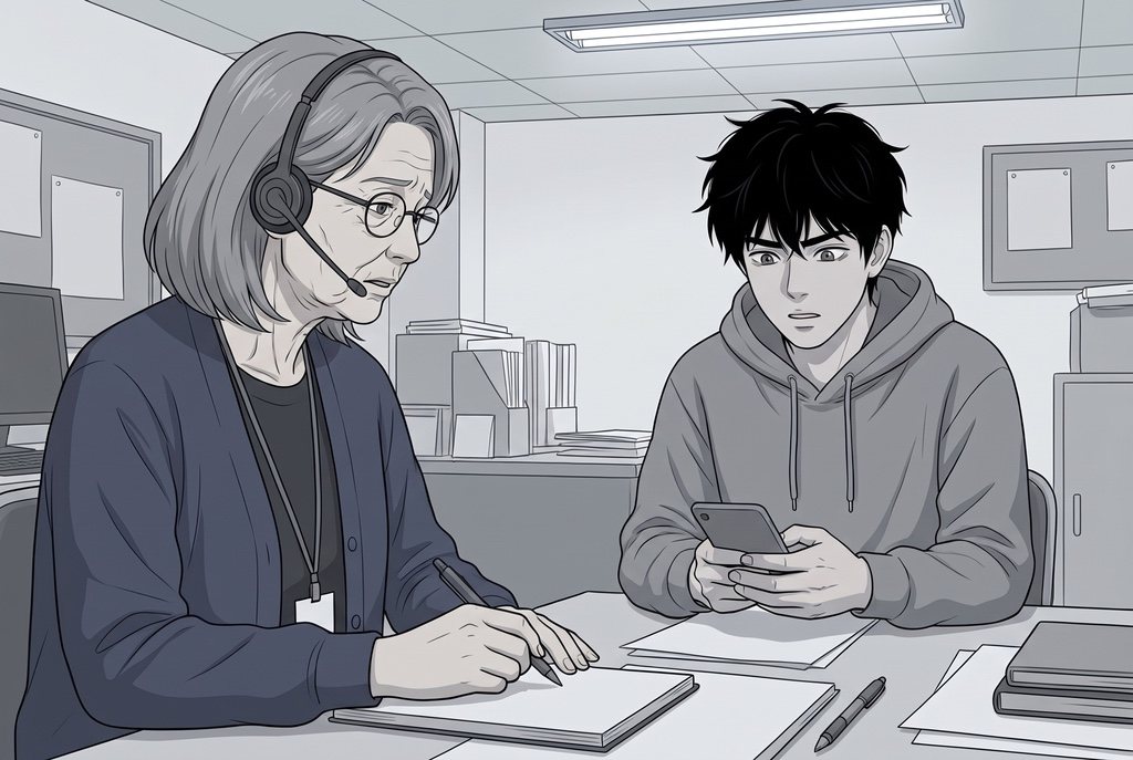 明るい相談室の机。左で、ヘッドセットの眼鏡の女性が、ペンでメモを取る。向かいの右で、パーカーの青年がスマホを両手で持ち、不安そうに顔を上げて話す。白っぽい蛍光灯の光。