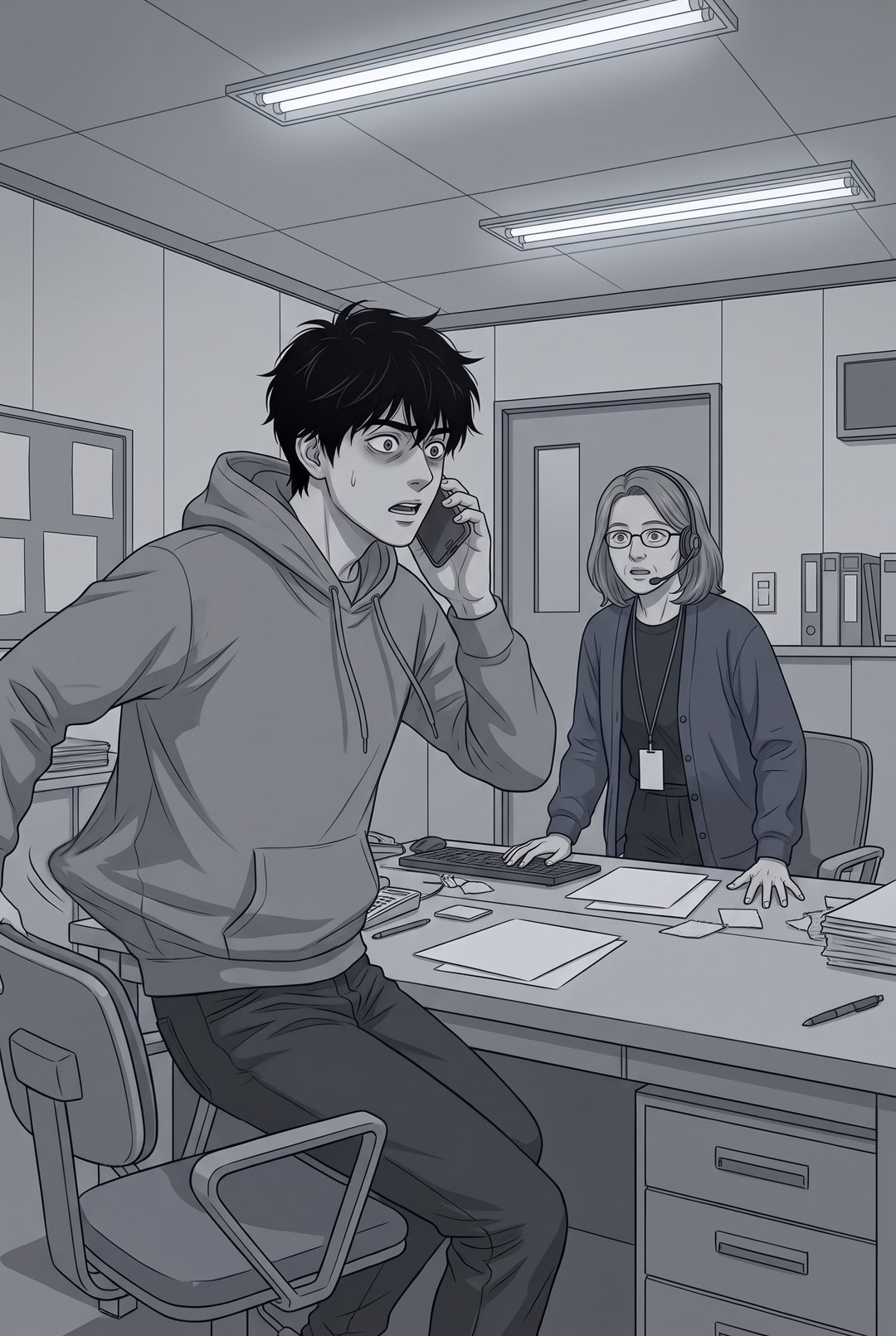 少し下から見た相談室。青年が椅子から跳ねるように立ち上がり、スマホを耳に当てる。パーカーのすそと髪が動き、後ろで眼鏡の女性も腰を浮かせる。