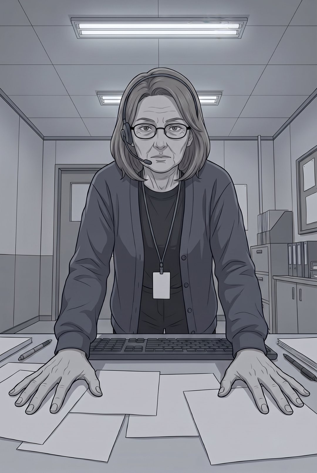 相談室。眼鏡の女性が机に両手をつき、青年の方へ身を乗り出して、落ち着いた目でまっすぐ見る。白っぽい蛍光灯の光。