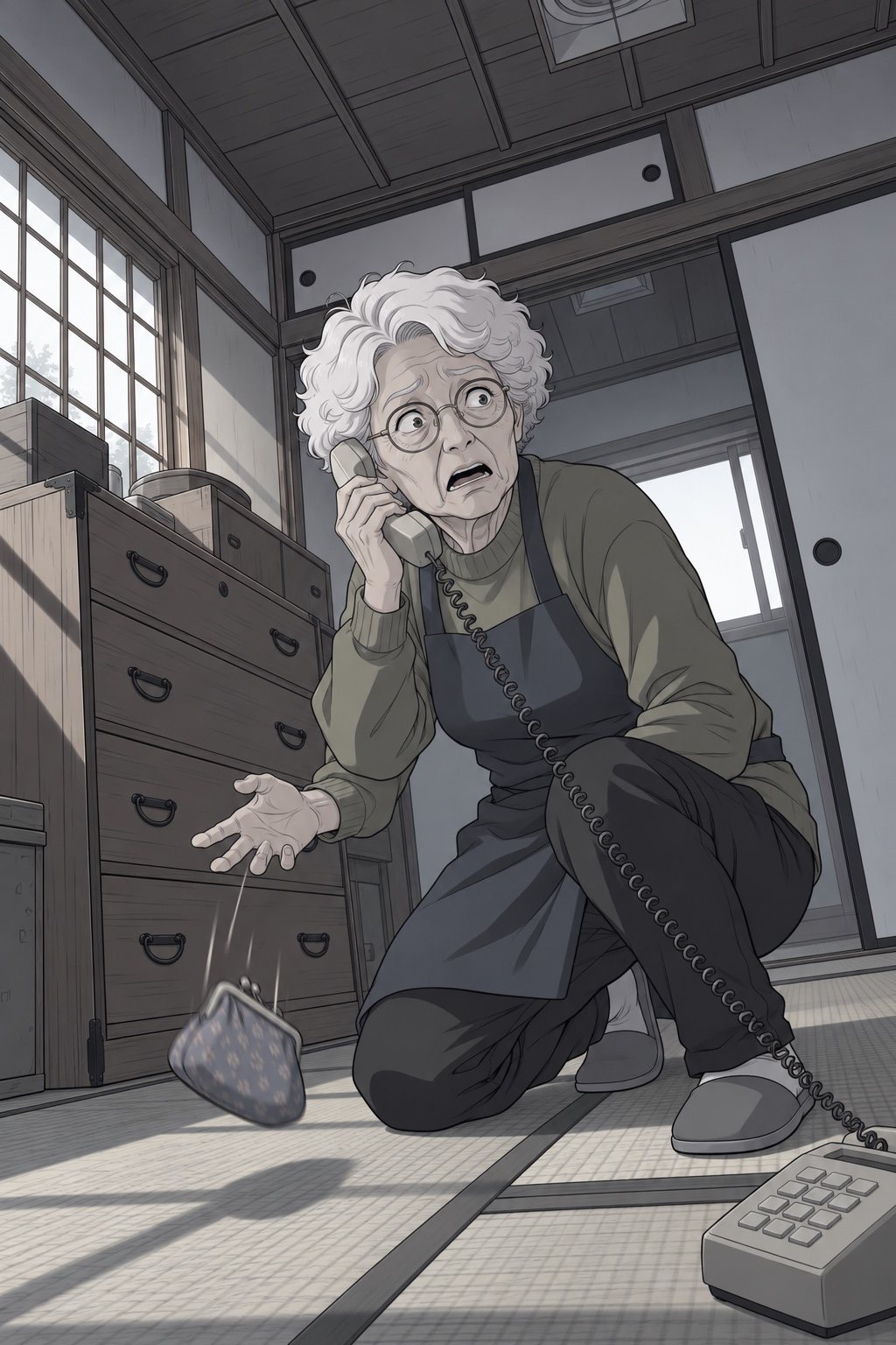 低い所から見上げた祖母の家の部屋。受話器を耳に当てた女性が、たんすの前でしゃがみかけたまま、目と口を開いて動きを止める。手から布の財布が落ちる。