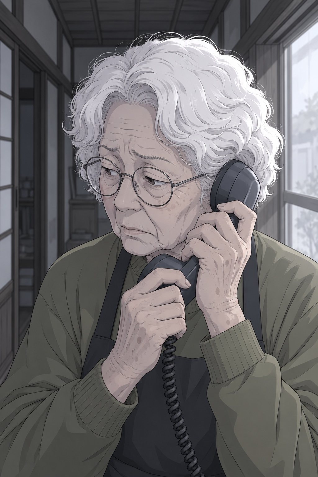 祖母の家の廊下で、受話器を両手で持ち、口を結んで耳を澄ます80代の女性。