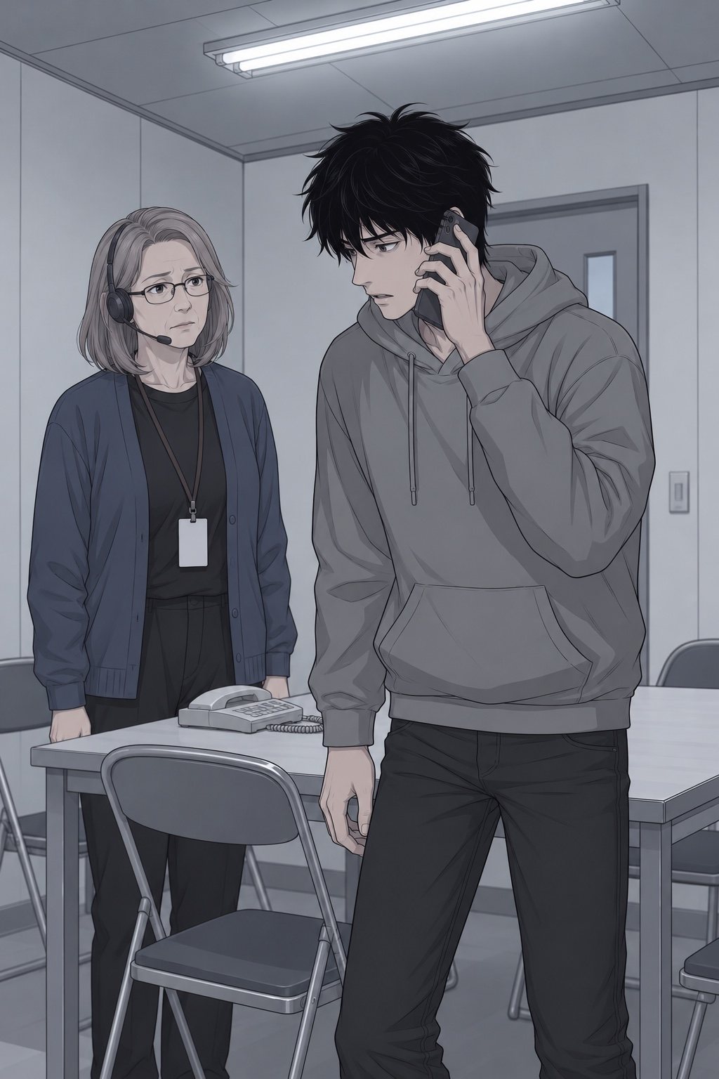 相談室で、立ったままスマホを耳に当て、目を伏せて聞き入る青年。左に、眼鏡の女性が並んで立ち、青年を見る。