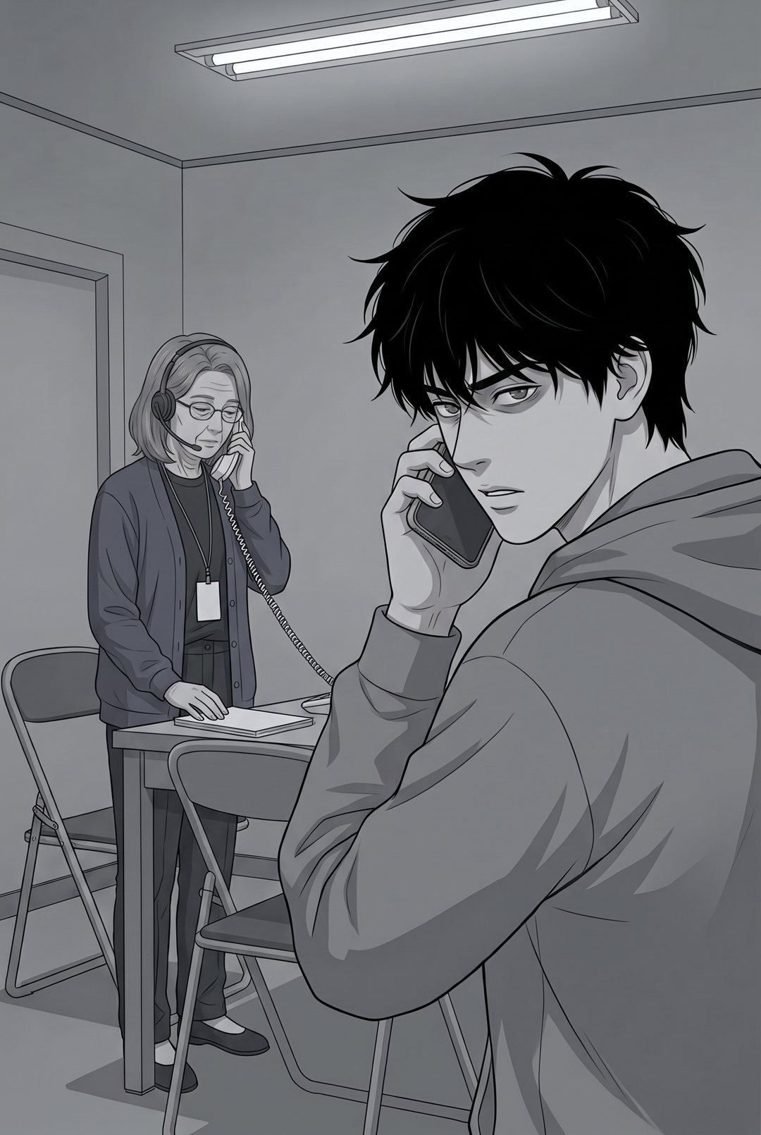 相談室。手前の右で青年がスマホを耳に当てて話し続ける。奥の左で、眼鏡の女性が立ったまま机の電話の受話器を取り、メモを見ながら話す。