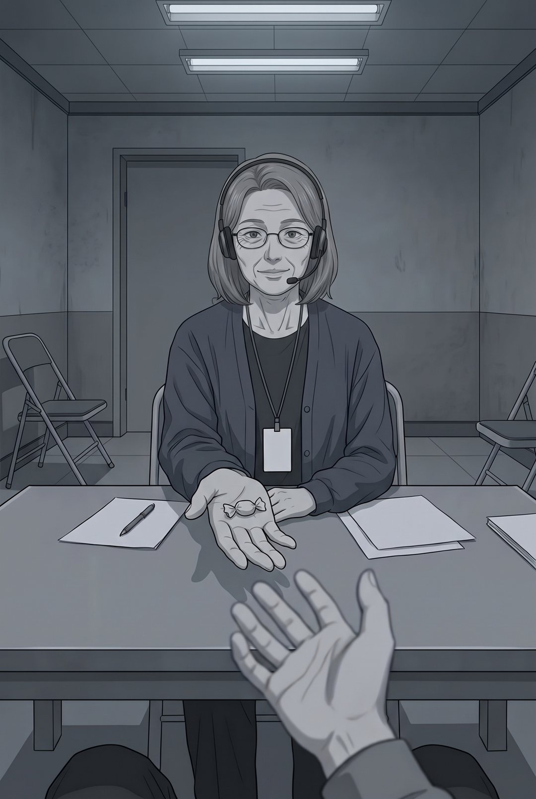 青年の目から見た相談室の机。眼鏡の女性が疲れた顔で小さく笑い、手のひらに乗せた飴を1つ差し出す。手前に、受け取ろうとする青年の手。