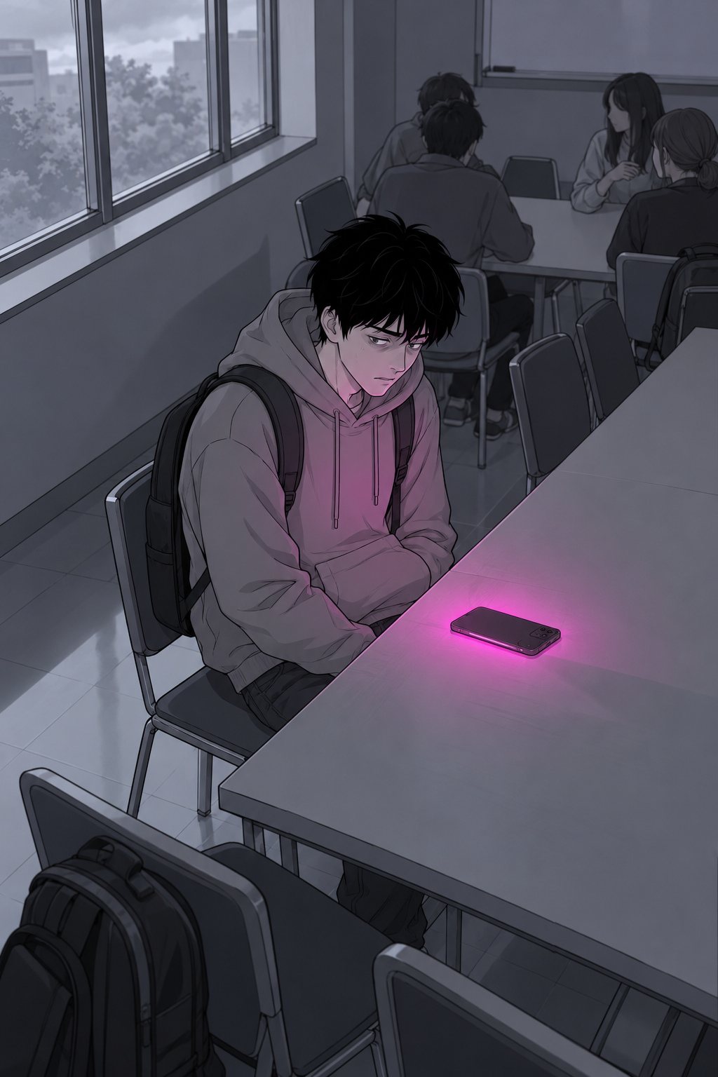 曇りの昼の大学のゼミ室。長い机のいちばん端で、パーカーの青年が、伏せて置いたスマホから目を離せずにいる。奥で学生たちが話している。窓の外は白っぽい灰色。