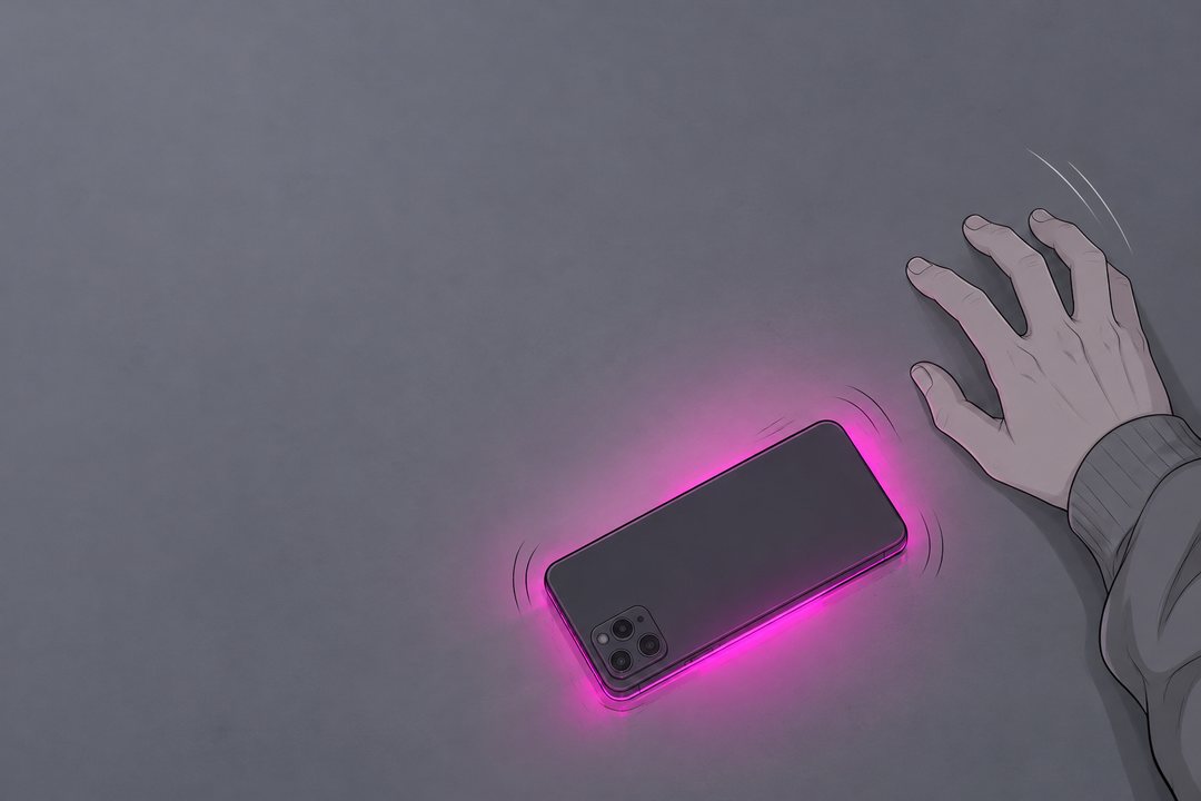 机の上に伏せたスマホの寄り。机が震え、すき間からマゼンタの光がもれる。青年の手が、びくっと引っこむ。