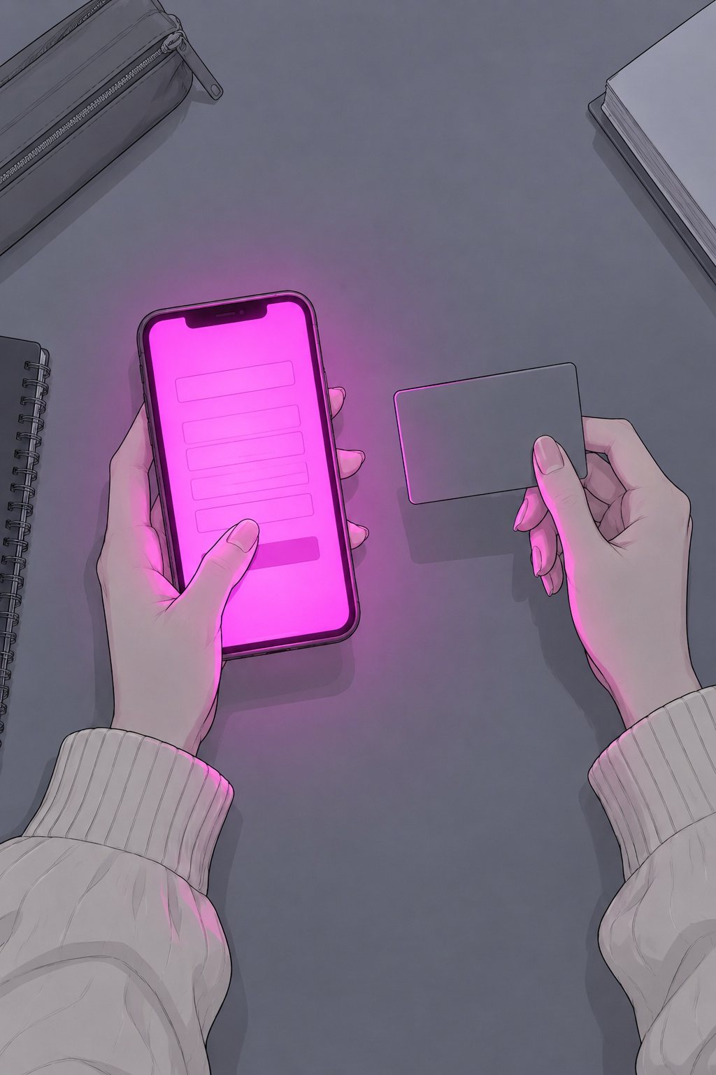 机の上の寄り。女子学生の片手がスマホを持ち、もう片手の指がカードの縁をつまむ。マゼンタに光る画面には、入力の欄の形が並ぶ(字は読めない)。