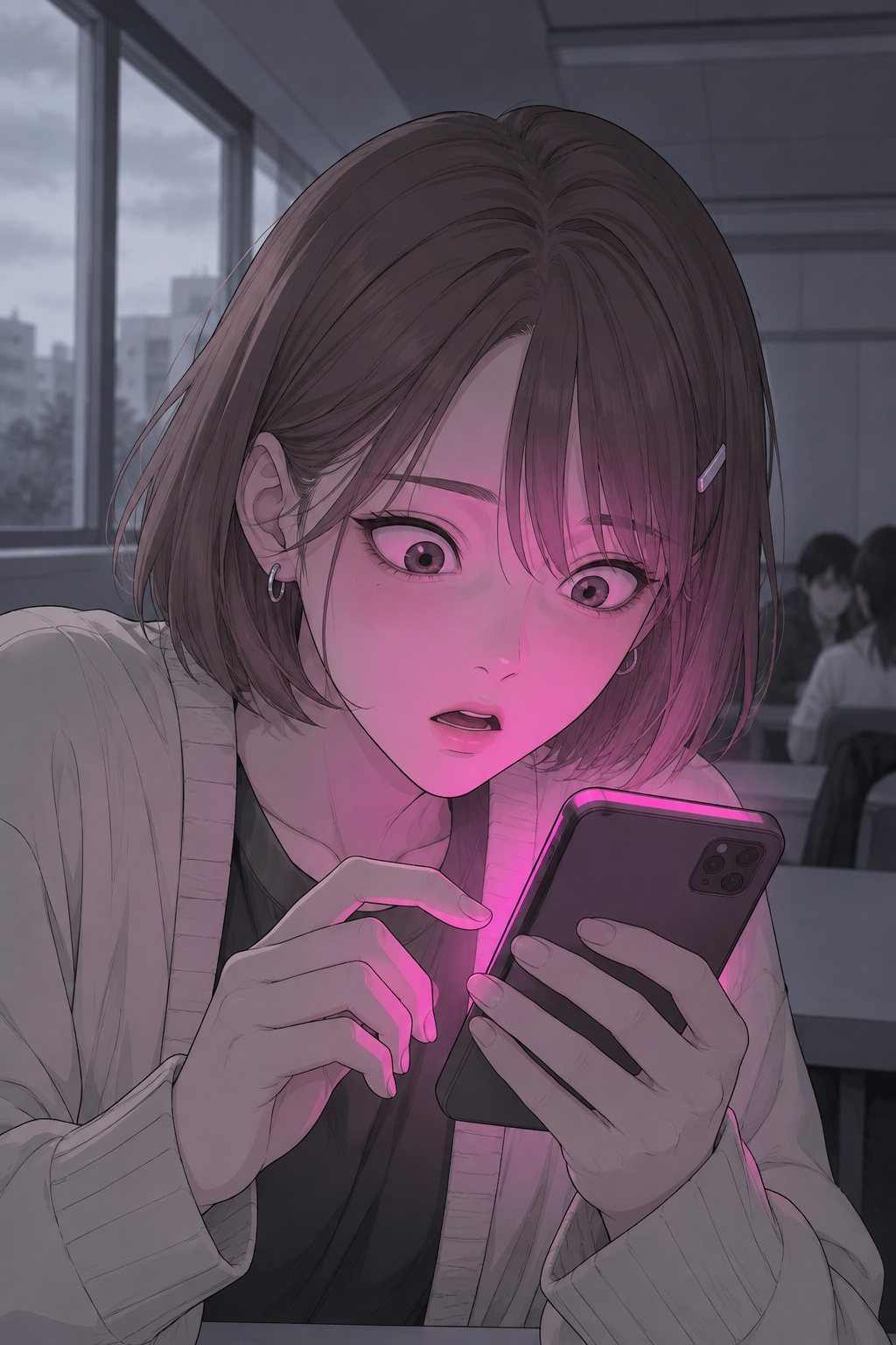 ゼミ室。スマホの画面を見つめる女子学生の顔の寄り。口が小さく開き、目が見開く。