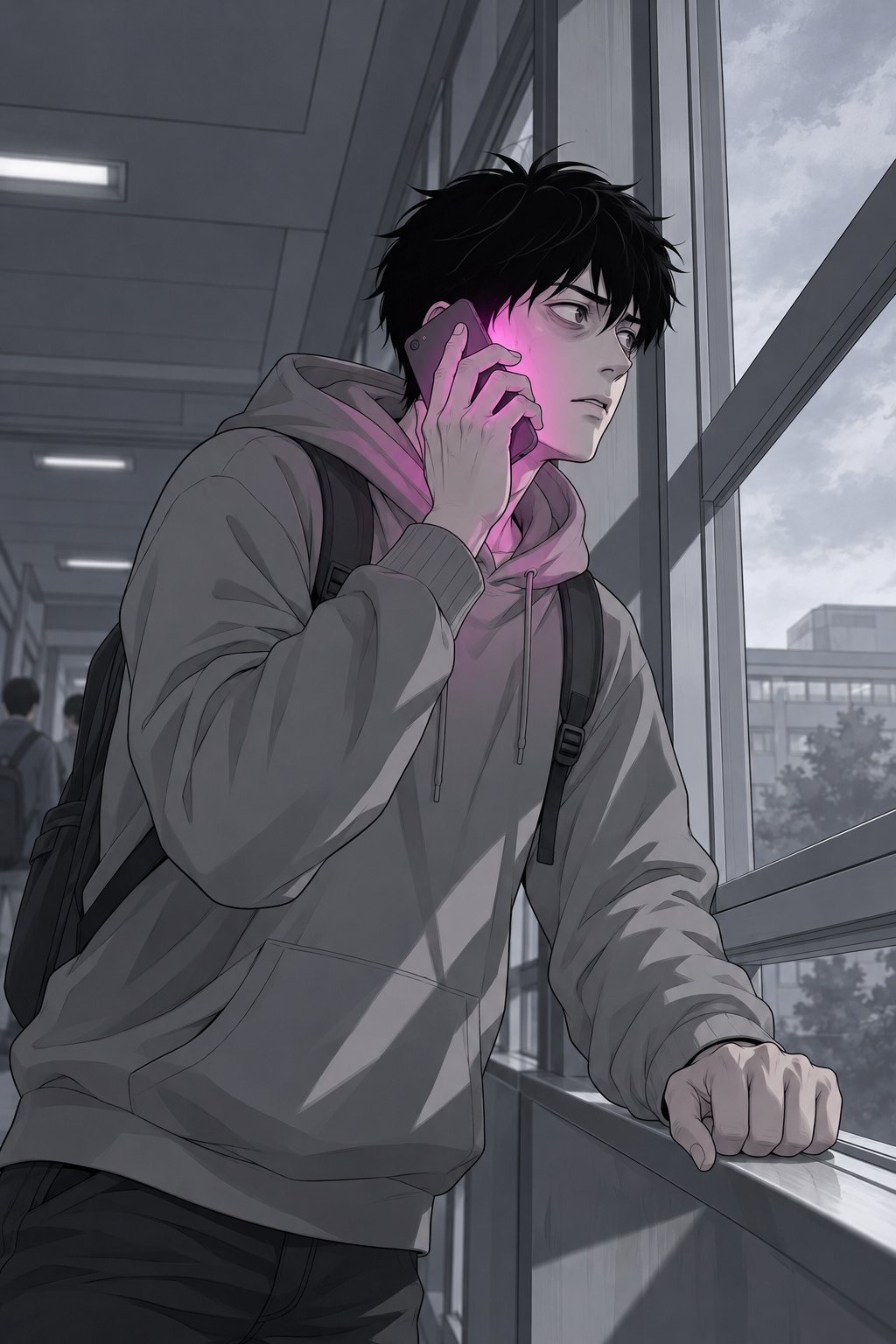 大学の廊下の窓辺。青年がスマホを耳に当て、もう片手で窓の手すりをつかむ。