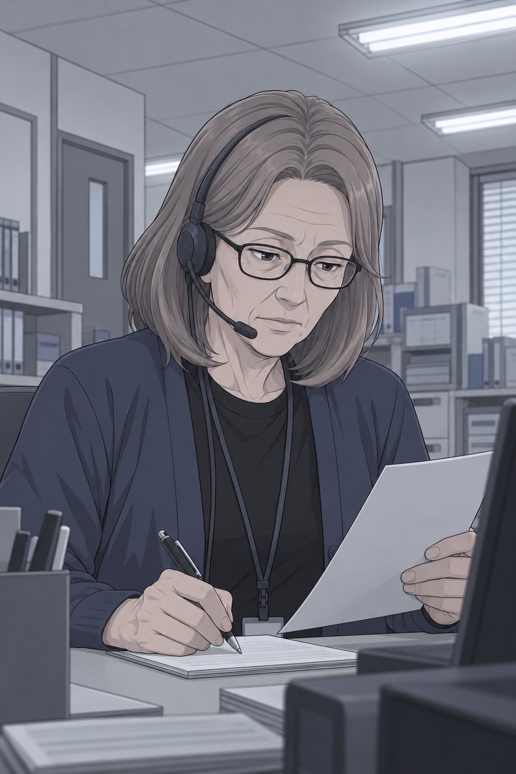 昼の警察署の相談室。ヘッドセットの眼鏡の女性が、片手にメモの紙を持ち、ペンを走らせながら小さくうなずく。白っぽい蛍光灯の光。