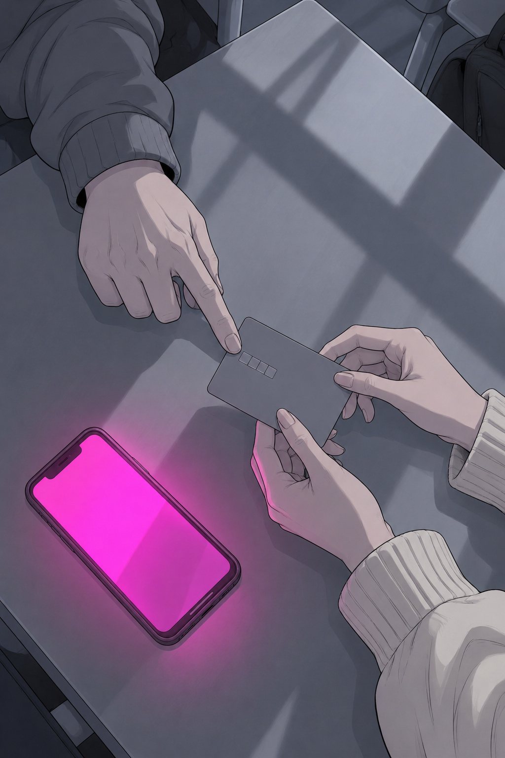 真上から見たゼミ室の机。女子学生の両手がカードを裏返して持ち、上から伸びた青年の指が、裏の小さな字の列の所を指さす。机の上で、スマホがマゼンタに光る（字・数字は読めない）。