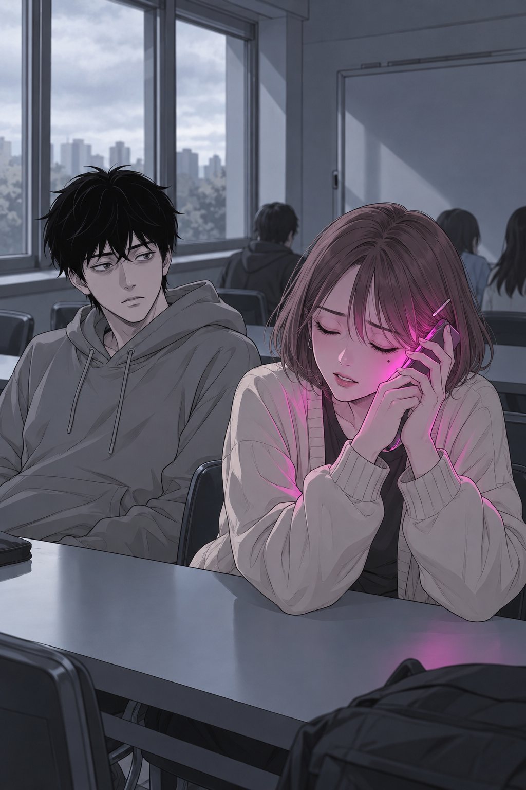 ゼミ室。女子学生がスマホを両手で耳に当てたまま、目を閉じて大きく息を吐き、肩を落とす。隣の青年も、背もたれに体を預ける。