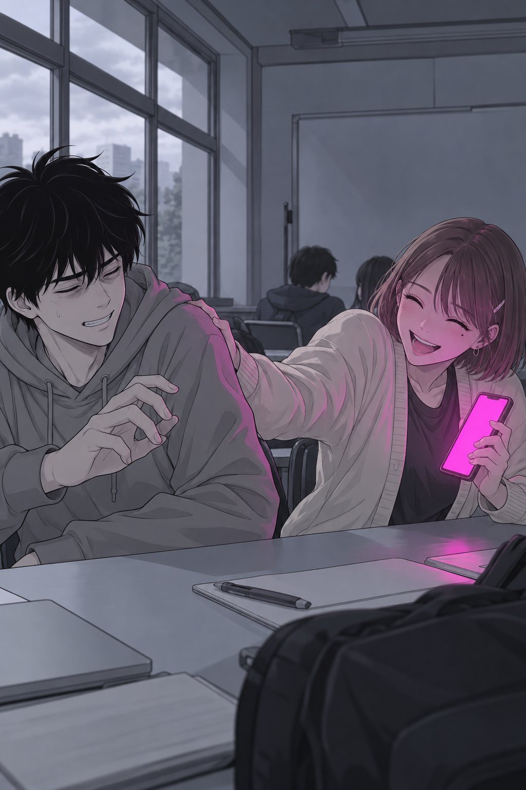 少し引いたゼミ室。机に並んだ2人。女子学生が青年の肩を軽くはたき、青年は顔をしかめながら少しだけ笑う。窓の外は曇り。