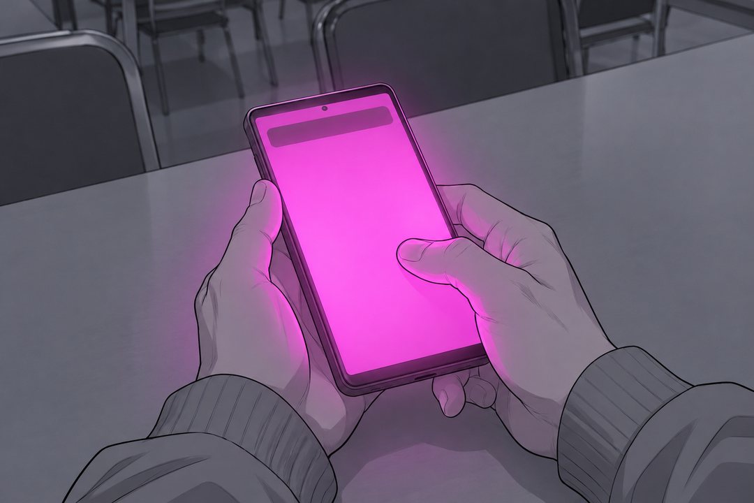 青年の目から見た、両手で持ったスマホの寄り。画面がマゼンタに光り、上の方に送り主の名前の帯の形（字は読めない）。