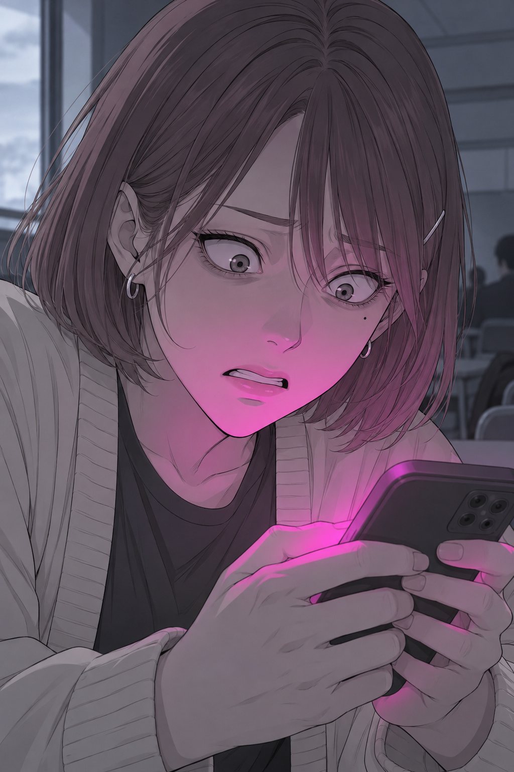 女子学生の顔の寄り。自分のスマホを見下ろしたまま、顔から血の気が引く。画面のマゼンタの光が、こわばった口もとに当たる。