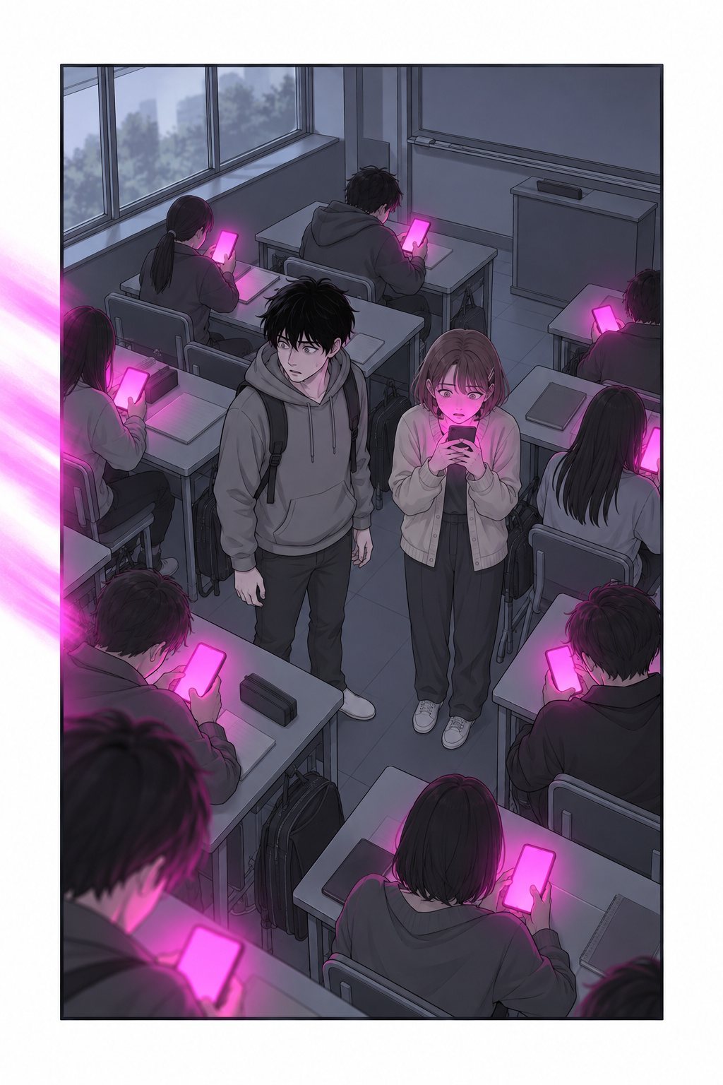 高い所から見たゼミ室の全景。灰色の部屋の中で、机に向かう学生たちのスマホが、1つ、また1つ、マゼンタに光り始める。真ん中に、立ちすくむ2人。マゼンタの光の筋が、絵の枠の左の線を越えてあふれる。