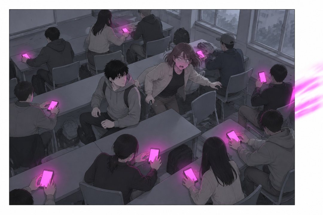 ゼミ室を高い所から。机に向かう学生たちのスマホが次々にマゼンタに光り、何人かが画面に指を伸ばしかけている。真ん中で、明るい茶色のボブの女子学生が机に手をついて立ち上がる。左の隣に、パーカーの青年。