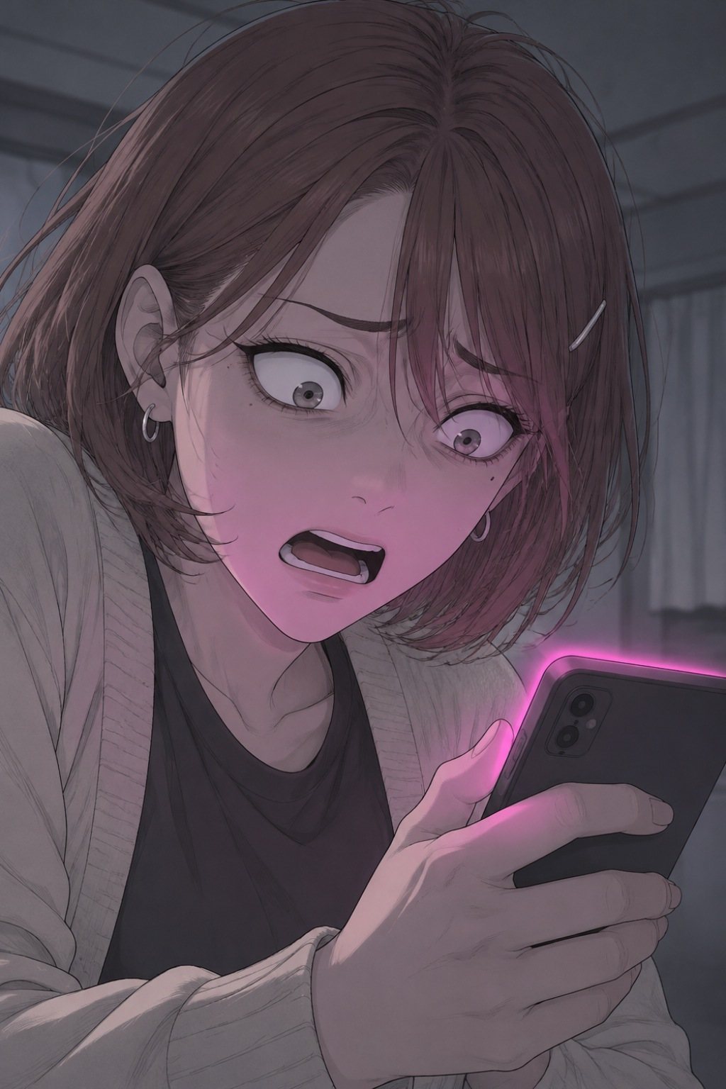 女子学生の顔の寄り。スマホを握りしめ、青ざめて叫ぶ。