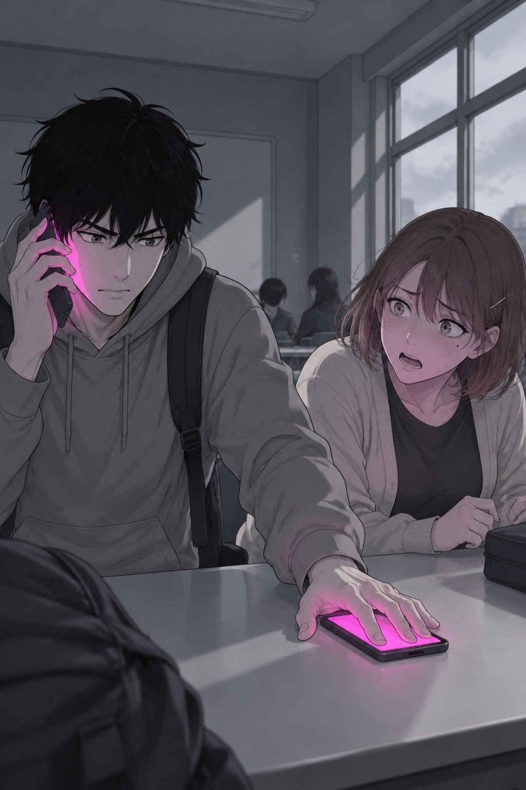 青年が自分のスマホを耳に当て、もう片方の手で柚葉のスマホを机に押さえる。柚葉は肩で息をしている。曇りの窓の光。